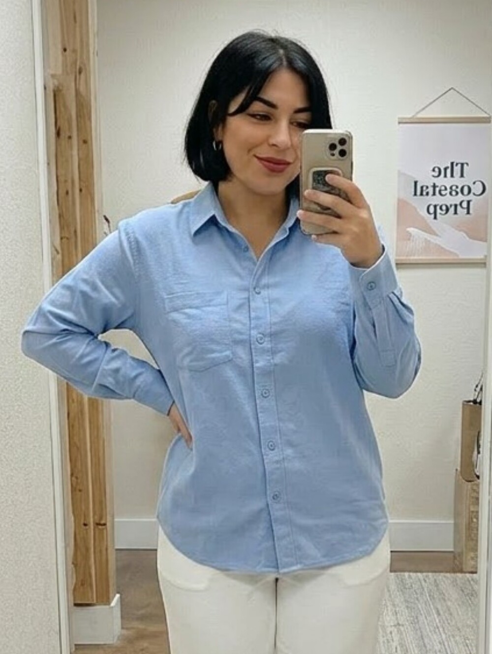 Active USA Long Sleeve Blue Linen Blend Button Front Collared Shirt